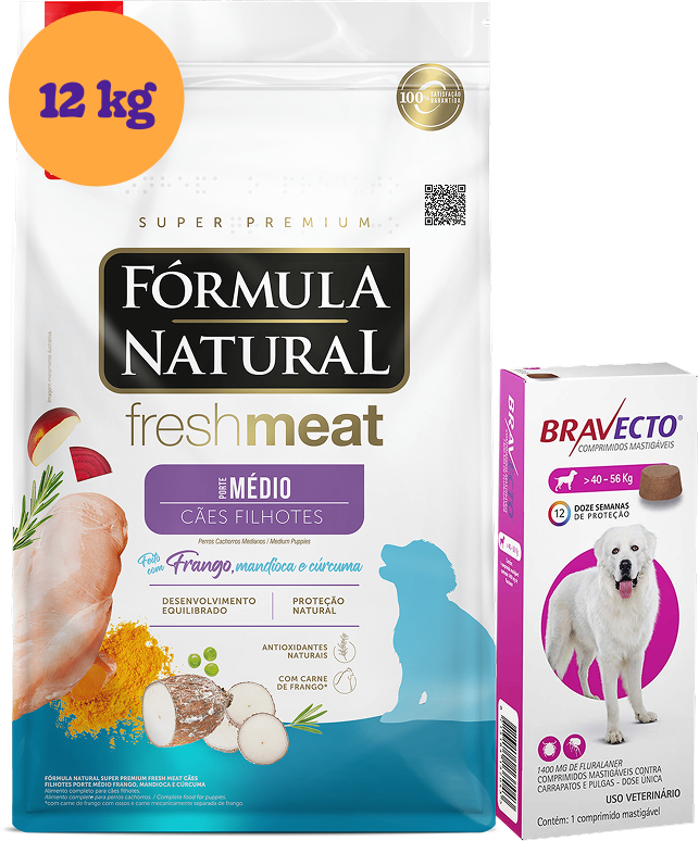 .KIT Ração Seca Fórmula Natural Fresh Meat Cães Filhotes Raças Médias 12Kg + Antipulgas Bravecto 1400 mg KIT - KIT