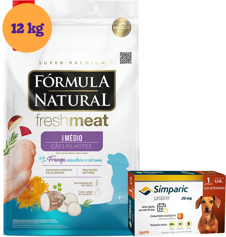 .KIT Ração Seca Natural Fresh Meat Cães Filhotes Raças Médias 12Kg + Antipulgas Simparic 20 mg (5,1 a 10Kg) KIT - KIT