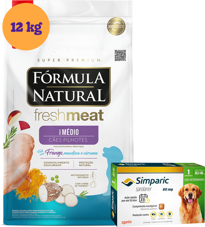 .KIT RaçãoFórmula Natural Fresh Meat Cães Filhotes Raças Médias 12Kg + Antipulgas Simparic 80mg 1 Comprimido KIT - KIT