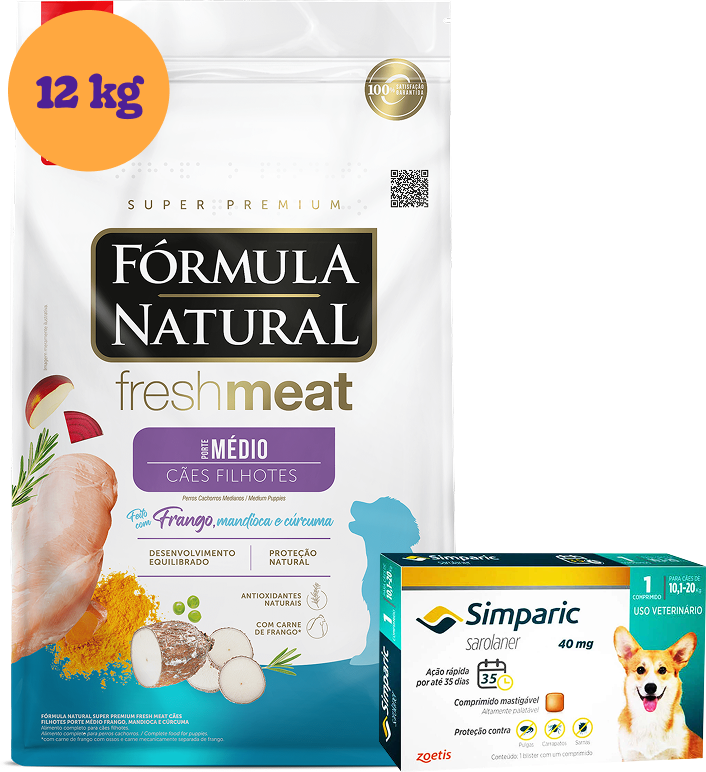 .KIT Ração Seca Natural Fresh Meat Cães Filhotes Raças Médias 12Kg + Antipulgas Simparic 40 mg (1 Comprimido) KIT - KIT
