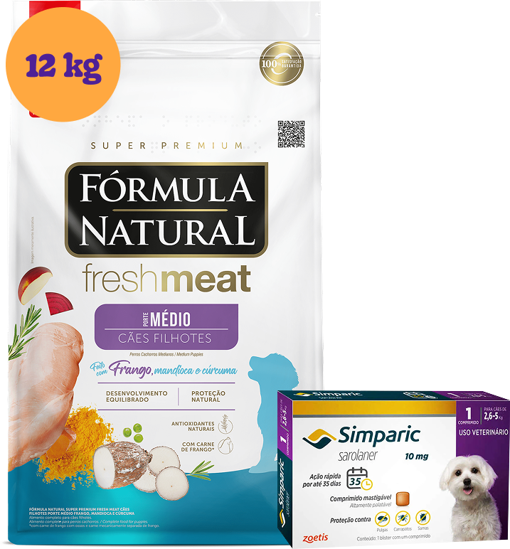 .KIT Ração Seca Natural Fresh Meat Cães Filhotes Raças Médias 12Kg + Antipulgas Simparic 10 mg (1 Comprimido) KIT - KIT