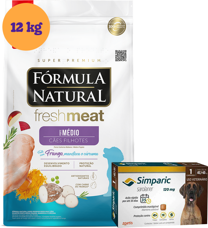 .KIT Ração Seca Natural Fresh Meat Cães Filhotes Raças Médias 12Kg + Antipulgas Simparic 120 mg 40,1 a 60Kg KIT - KIT