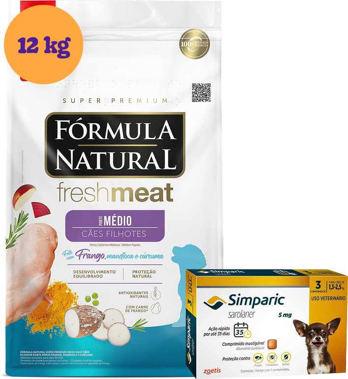 .KIT Ração Seca Natural Fresh Meat Cães Filhotes Raças Médias 12Kg + Antipulgas Simparic 5 mg (1 Comprimido) KIT - KIT