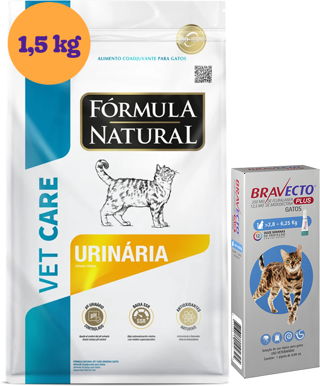 .KIT Ração Seca Natural Vet Care Urinária para Gatos 1,5Kg + Antipulgas Bravecto Transdermal 1 Pipeta KIT - KIT