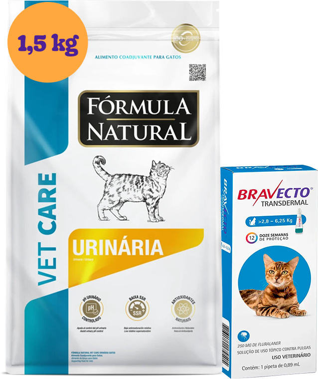 .KIT Ração Seca Natural Vet Care Urinária para Gatos 1,5Kg + Antipulgas Bravecto 250 mg 1 Pipeta KIT - KIT