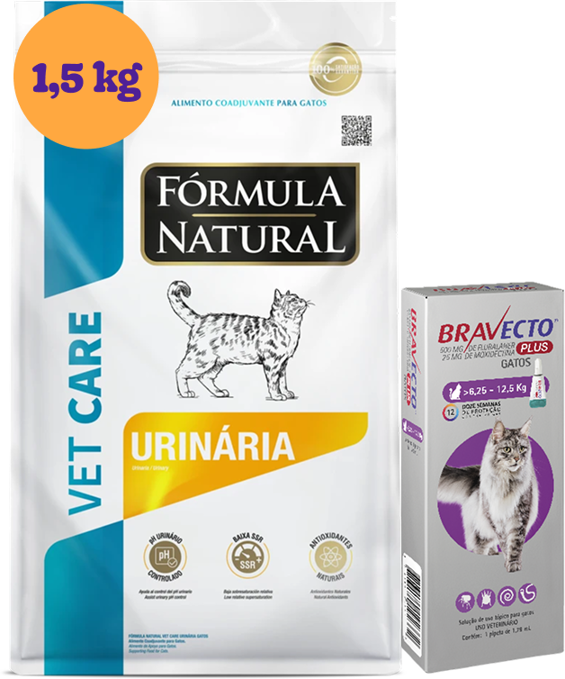 .KIT Ração Seca Natural Vet Care Urinária para Gatos 1,5Kg + Antipulgas Bravecto Transdermal 1 Pipeta KIT - KIT