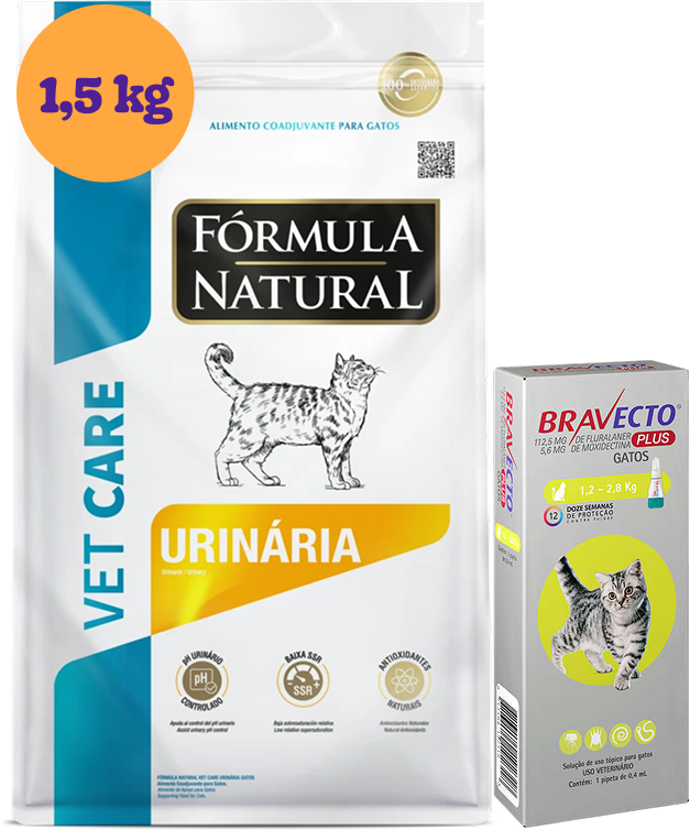 .KIT Ração Seca Natural Vet Care Urinária para Gatos 1,5Kg + Antipulgas Bravecto Transdermal 1 Pipeta KIT - KIT