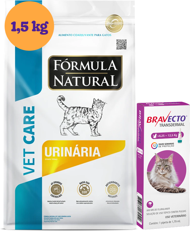 .KIT Ração Seca Natural Vet Care Urinária para Gatos 1,5Kg + Antipulgas Bravecto 500 mg 1 Pipeta KIT - KIT