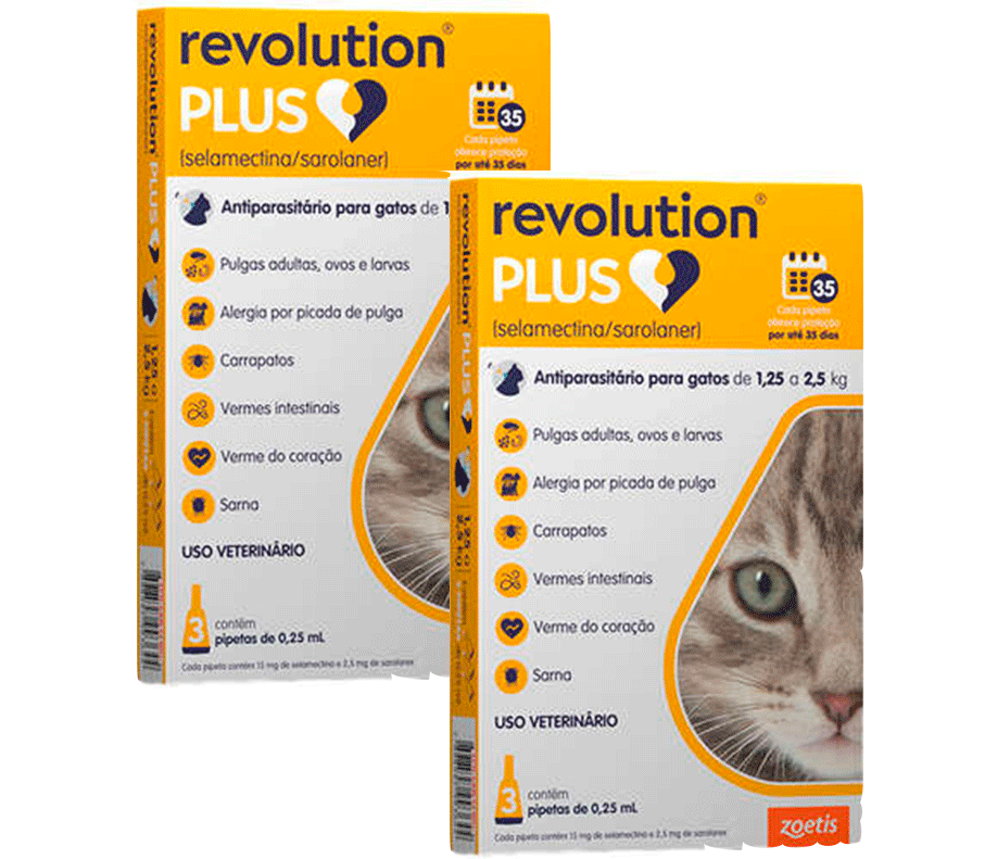Antiparasitário Zoetis Revolution Plus 0,25 mL para Gatos de 1,25Kg a 2,5Kg - 2 Caixas (6 Pipetas)