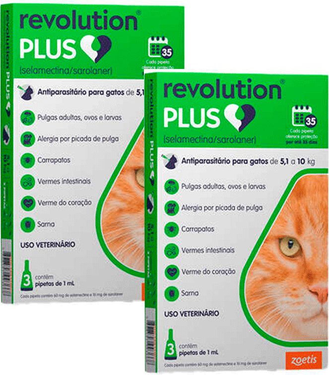 Antiparasitário Zoetis Revolution Plus 1 mL para Gatos de 5,1Kg a 10Kg - 2 Caixas (6 Pipetas)