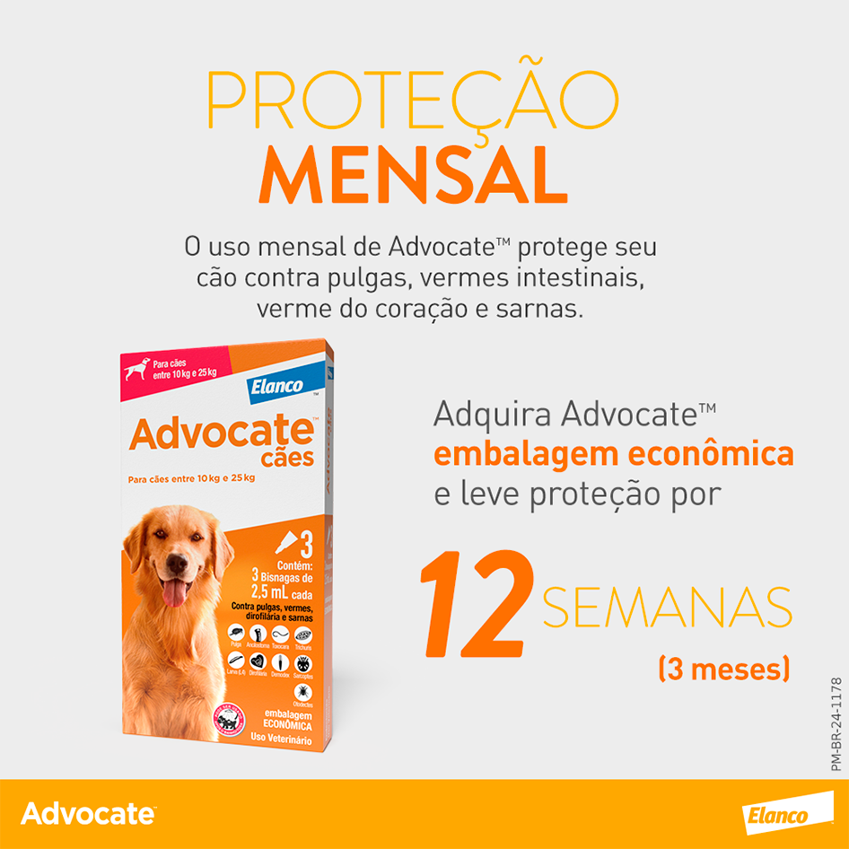 Antipulgas e Vermicida Advocate 250 mg para Cães de 10 a 25Kg - 3 Pipetas