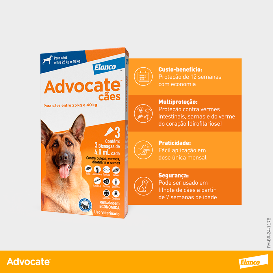 Antipulgas e Vermicida Advocate 400 mg para Cães de 25 a 40Kg - 3 Pipetas