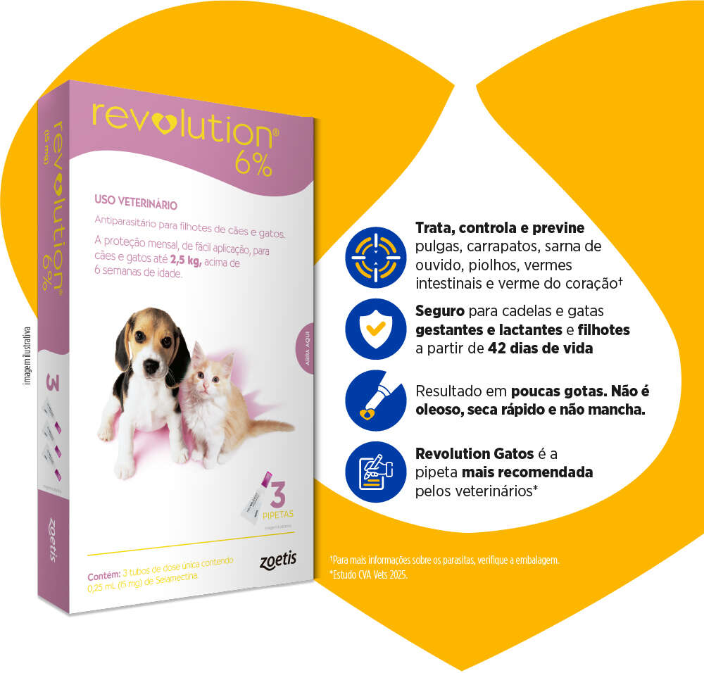 Antipulgas e Carrapatos Zoetis Revolution 6% para Cães e Gatos até 2,5Kg - 3 Ampolas de 0,25 mL