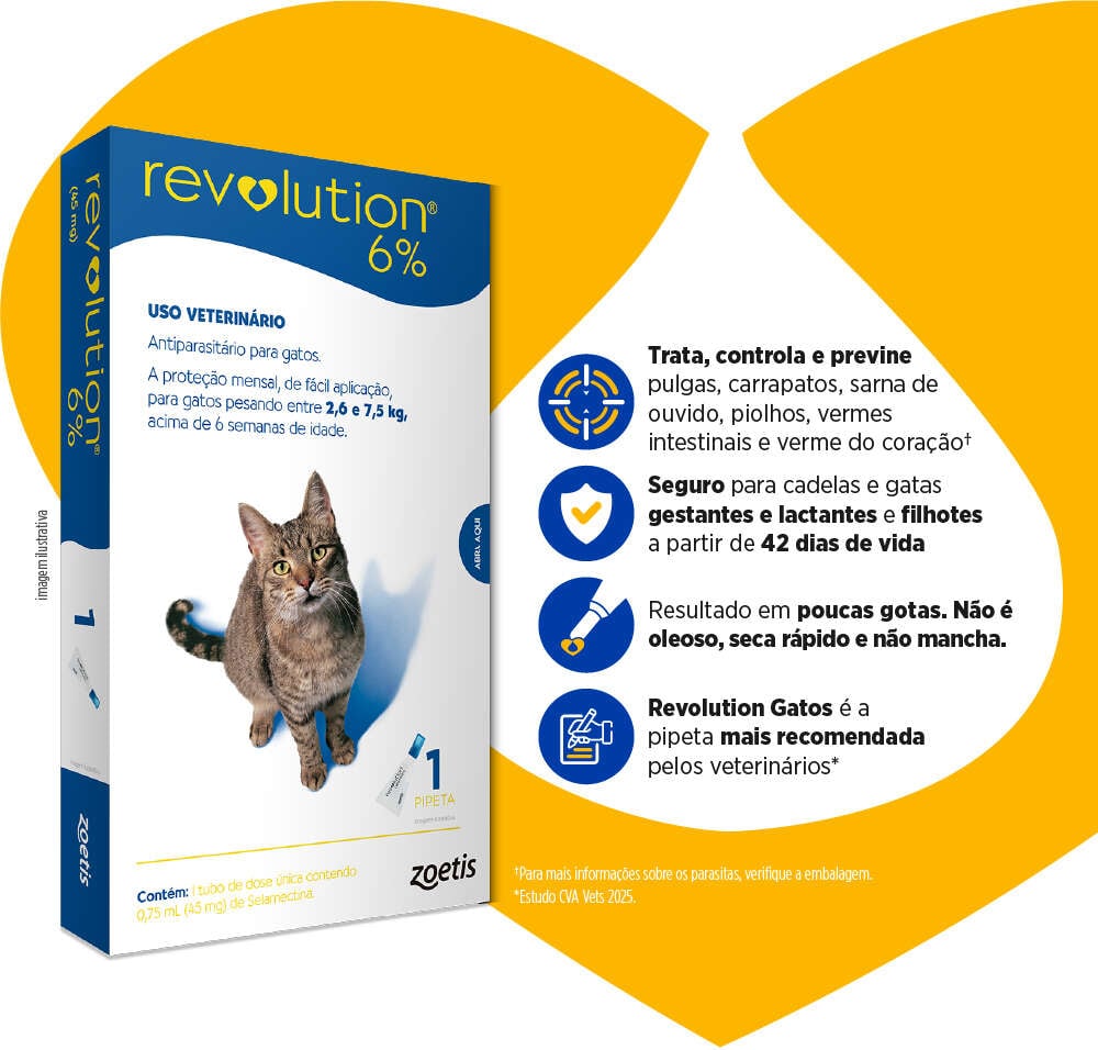Antipulgas e Carrapatos Zoetis Revolution 6% para Gatos de 2,5 a 7,5Kg - 1 Pipeta