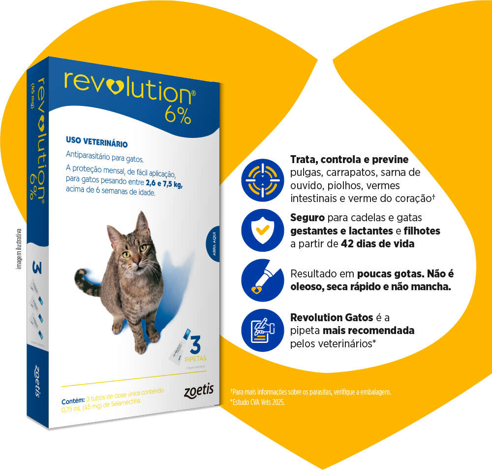Antipulgas e Carrapatos Zoetis Revolution 6% para Gatos de 2,5 a 7,5Kg - 3 Ampolas de 0,75 mL
