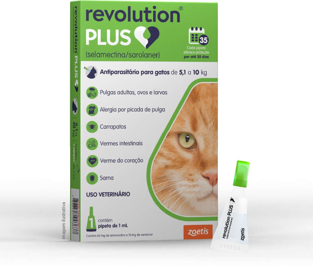 Antiparasitário Revolution Plus 60 mg para Gatos de 5,1 a 10Kg - 1 Pipeta
