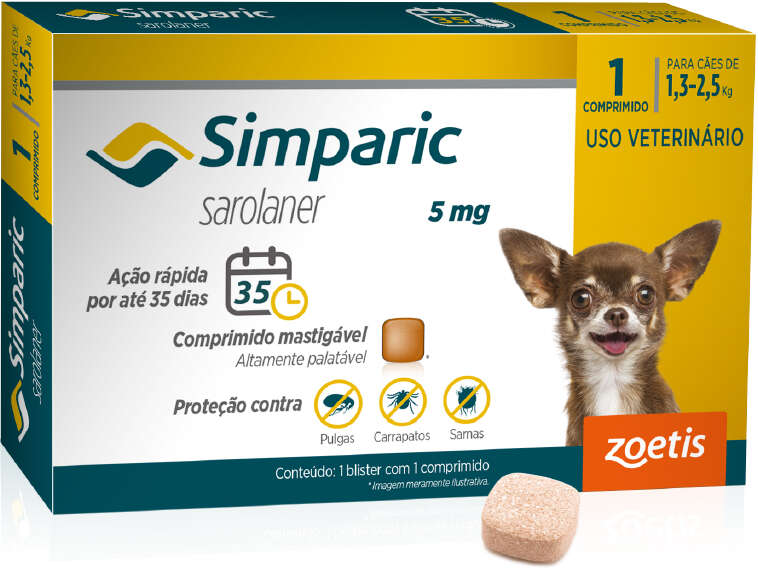 Antipulgas Zoetis Simparic 5 mg para Cães 1,3 a 2,5Kg - 1 Comprimido
