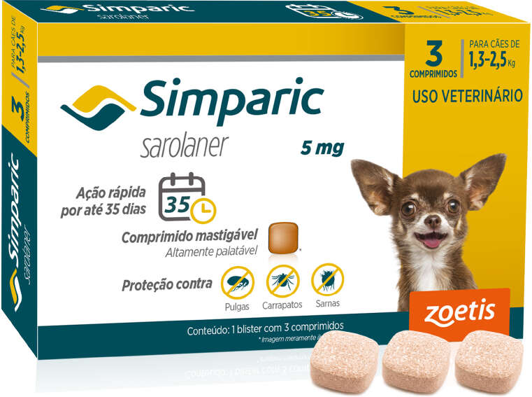 Antipulgas Zoetis Simparic 5 mg para Cães 1,3 a 2,5Kg - 3 Comprimidos