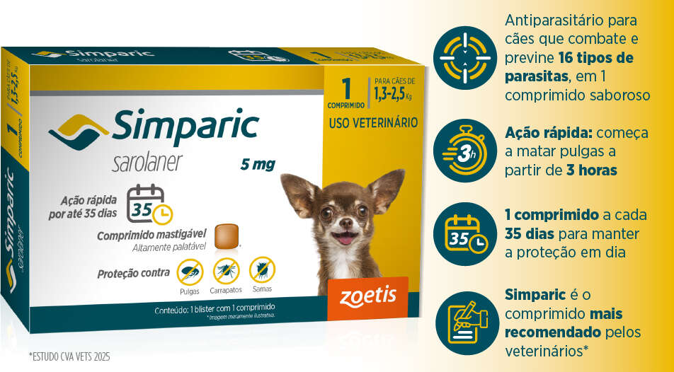 Antipulgas Zoetis Simparic 5 mg para Cães 1,3 a 2,5Kg - 1 Comprimido
