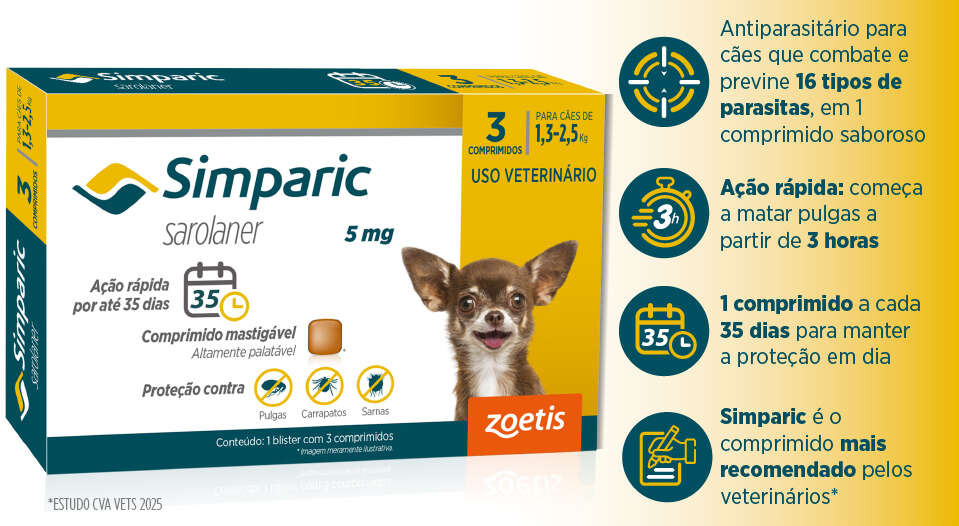 Antipulgas Zoetis Simparic 5 mg para Cães 1,3 a 2,5Kg - 3 Comprimidos