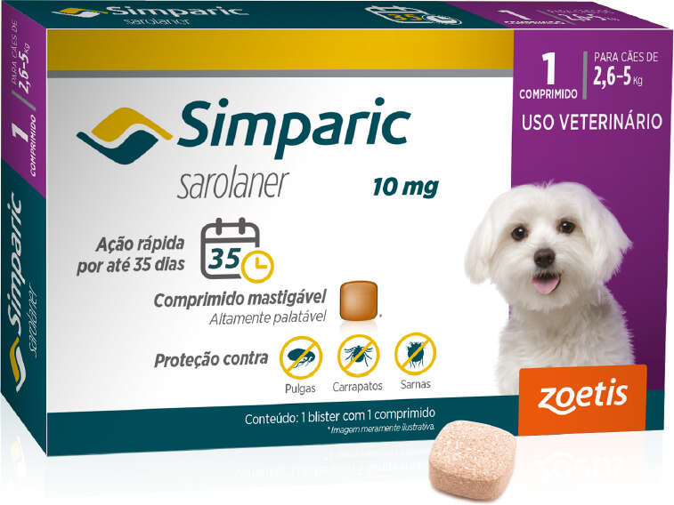 Antipulgas Zoetis Simparic 10 mg para Cães 2,6 a 5Kg - 1 Comprimido