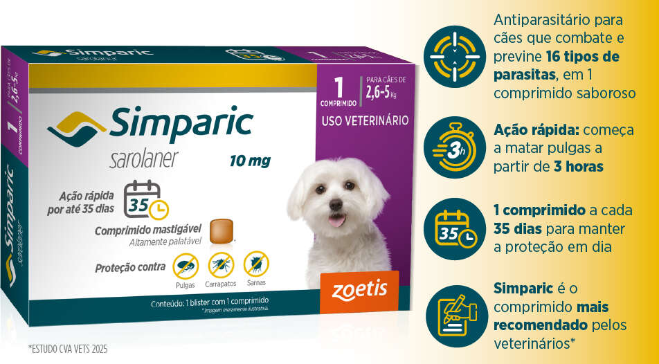 Antipulgas Zoetis Simparic 10 mg para Cães 2,6 a 5Kg - 1 Comprimido