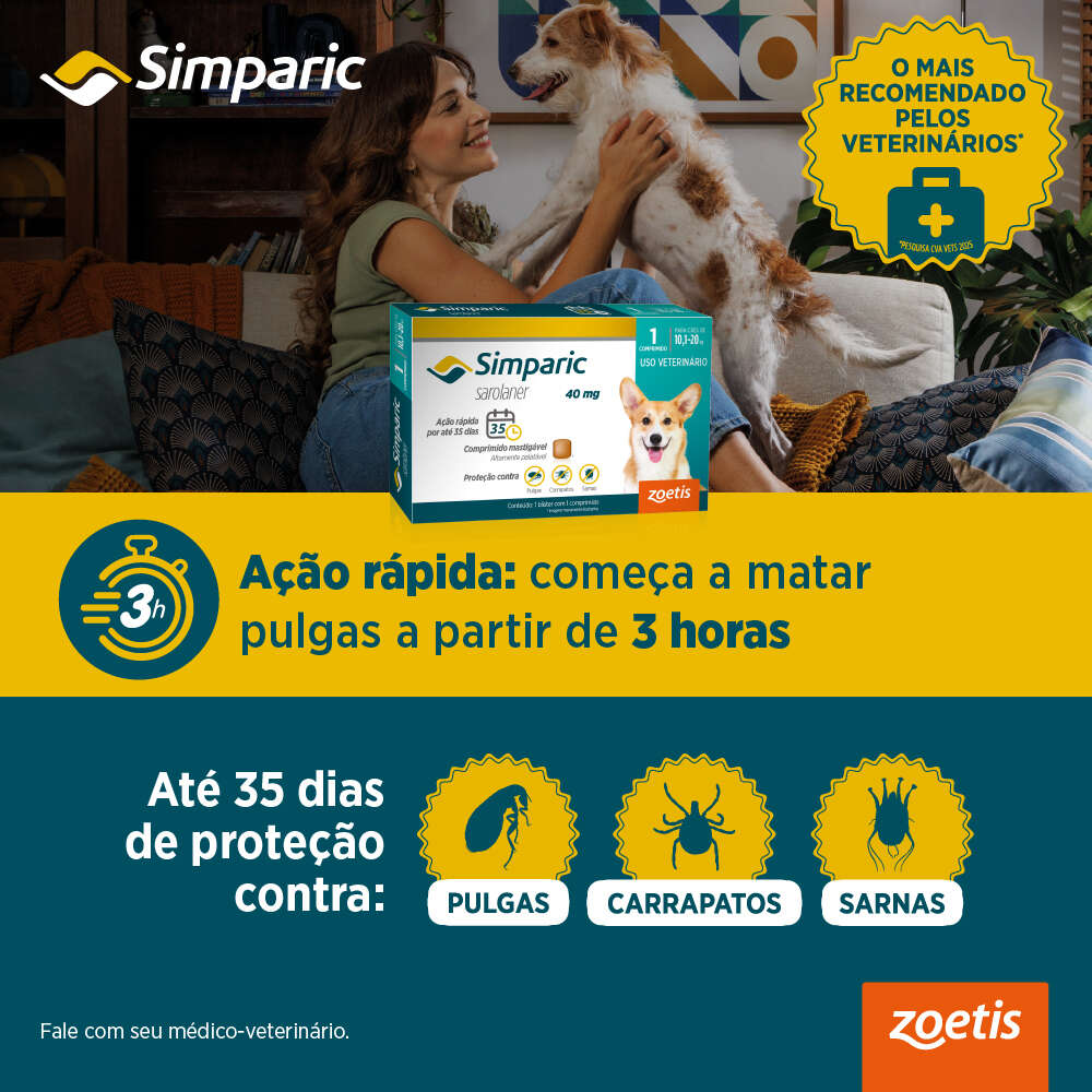 Antipulgas Zoetis Simparic 20 mg para Cães 5,1 a 10Kg - 3 Comprimidos