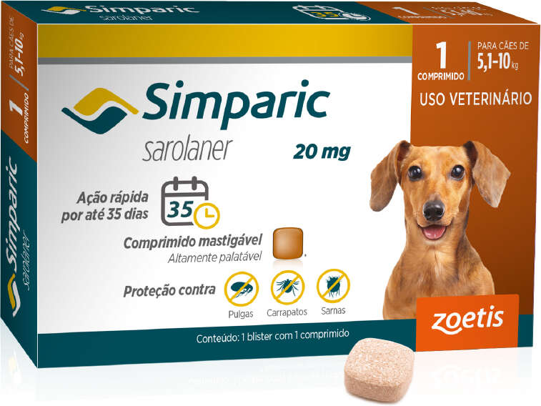Antipulgas Zoetis Simparic 20 mg para Cães 5,1 a 10Kg - 1 Comprimido
