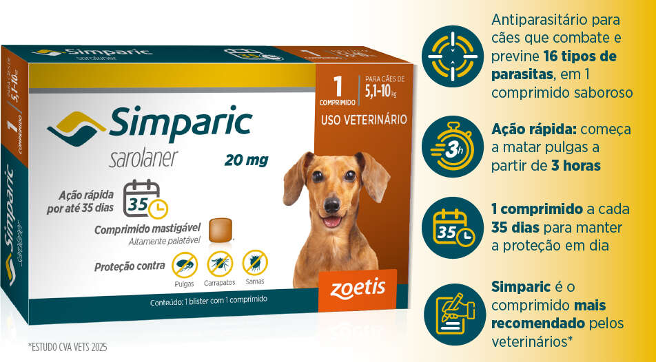 Antipulgas Zoetis Simparic 20 mg para Cães 5,1 a 10Kg - 1 Comprimido