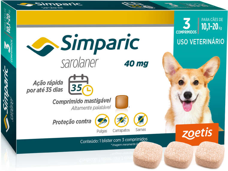 Antipulgas Zoetis Simparic 40 mg para Cães 10,1 a 20Kg - 3 Comprimidos