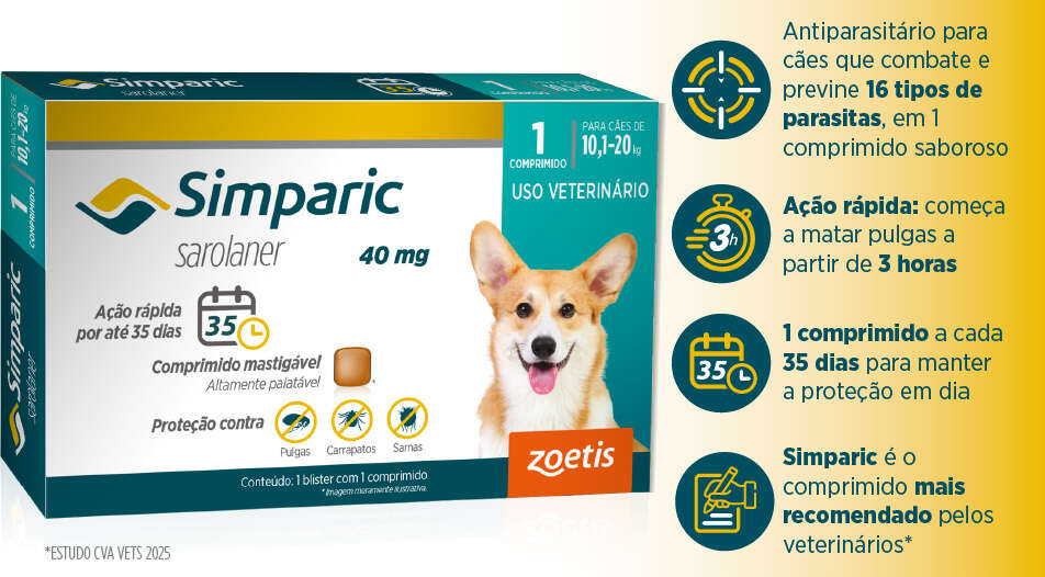 Antipulgas Zoetis Simparic 40 mg para Cães 10,1 a 20Kg - 1 Comprimido
