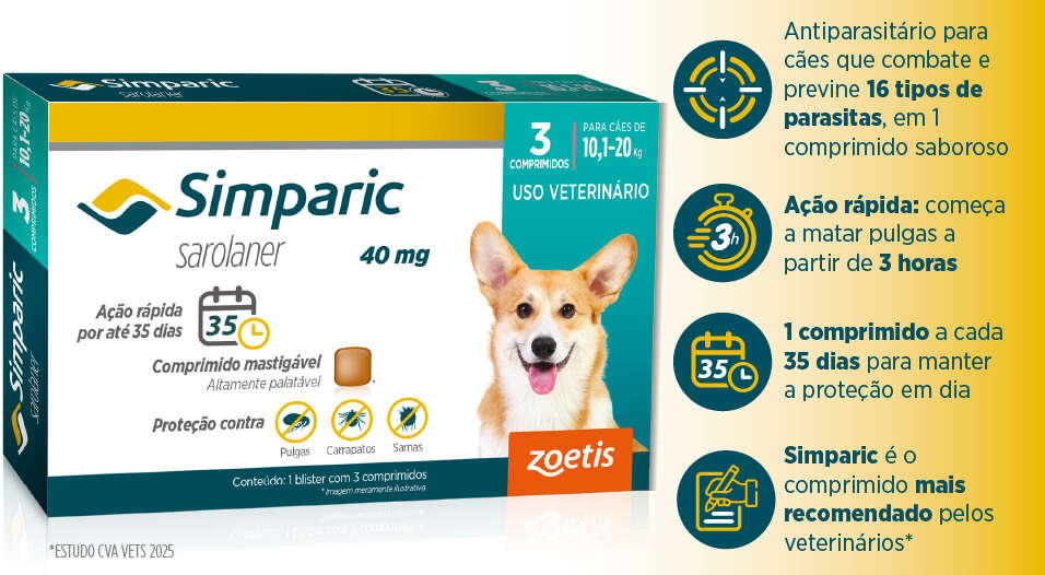 Antipulgas Zoetis Simparic 40 mg para Cães 10,1 a 20Kg - 3 Comprimidos