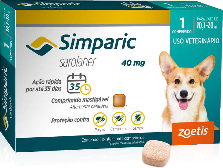 Antipulgas Zoetis Simparic 40 mg para Cães 10,1 a 20Kg - 1 Comprimido
