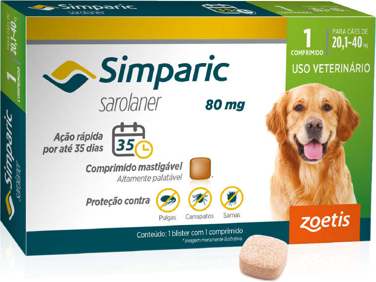 Antipulgas Zoetis Simparic 80 mg para Cães 20,1 a 40Kg - 1 Comprimido