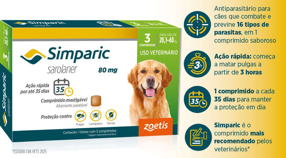 Antipulgas Zoetis Simparic 80 mg para Cães 20,1 a 40Kg - 3 Comprimidos
