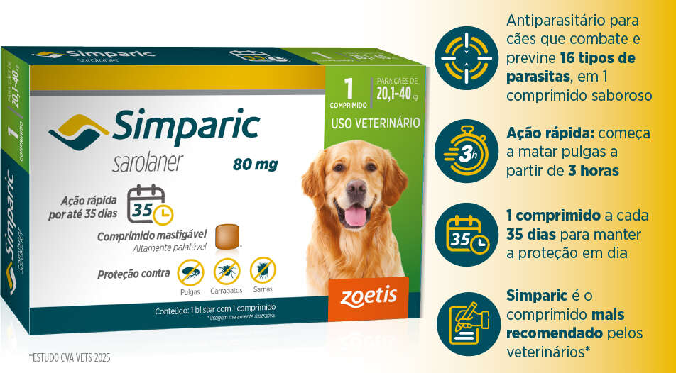 Antipulgas Zoetis Simparic 80 mg para Cães 20,1 a 40Kg - 1 Comprimido