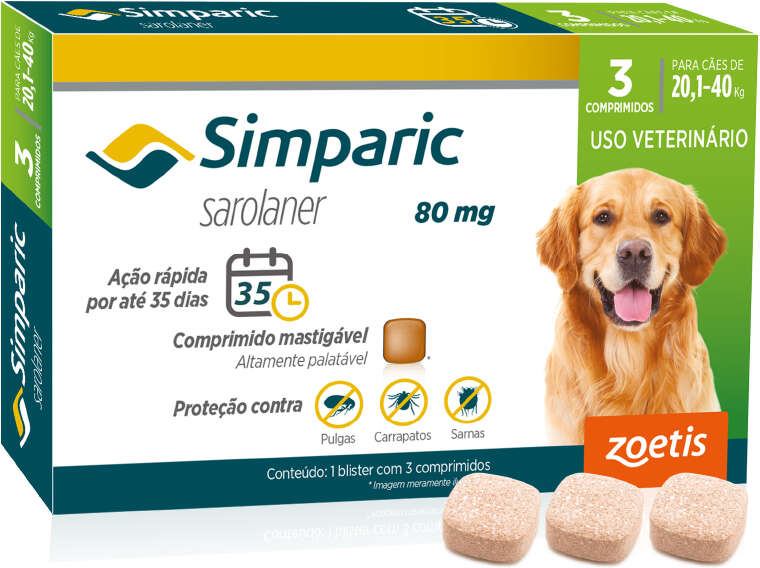 Antipulgas Zoetis Simparic 80 mg para Cães 20,1 a 40Kg - 3 Comprimidos