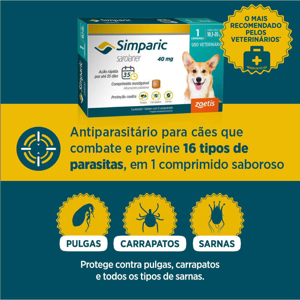 Antipulgas Zoetis Simparic 120 mg para Cães 40,1 á 60Kg - 3 Comprimidos