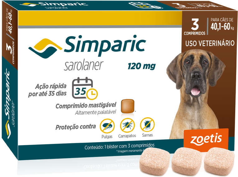 Antipulgas Zoetis Simparic 120 mg para Cães 40,1 á 60Kg - 3 Comprimidos
