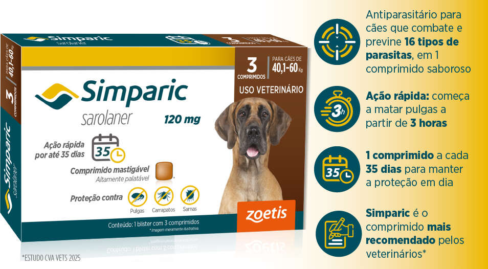 Antipulgas Zoetis Simparic 120 mg para Cães 40,1 á 60Kg - 3 Comprimidos