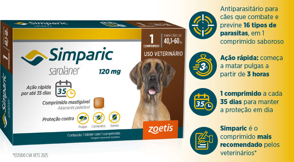 Antipulgas Zoetis Simparic 120 mg para Cães 40,1 á 60Kg - 1 Comprimido