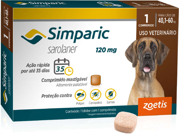 Antipulgas Zoetis Simparic 120 mg para Cães 40,1 á 60Kg - 1 Comprimido