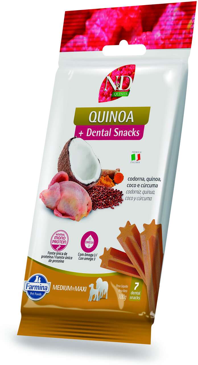 Petisco N&D Quinoa Dental sabor Codorna Coco e Cúrcuma Cães de Raças Médias e Grandes - 100 g