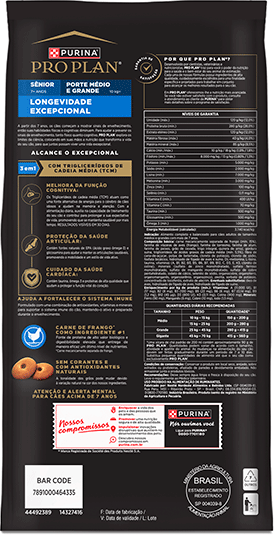 Ração Seca Purina Pro Plan Longevidade Excepcional Sênior 7+ para Cães Raças Médias e Grandes - 12Kg