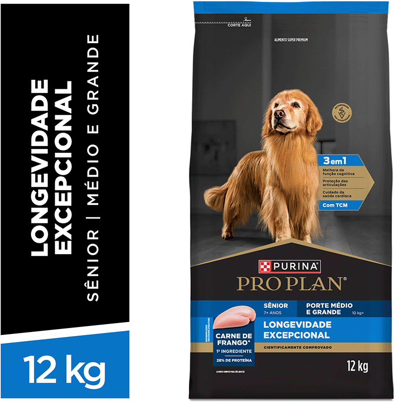Ração Seca Purina Pro Plan Longevidade Excepcional Sênior 7+ para Cães Raças Médias e Grandes - 12Kg
