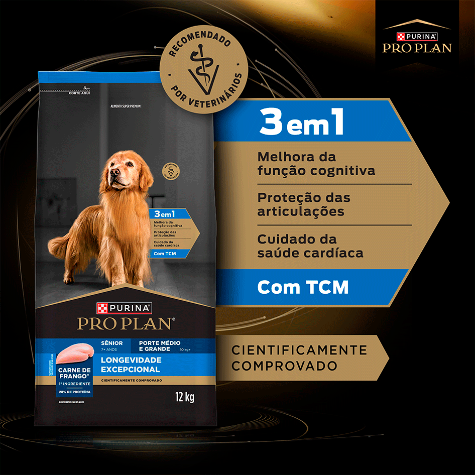 Ração Seca Purina Pro Plan Longevidade Excepcional Sênior 7+ para Cães Raças Médias e Grandes - 12Kg