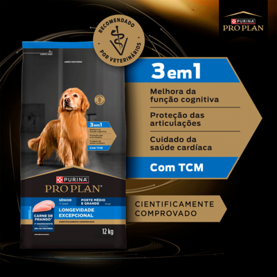 Ração Seca Purina Pro Plan Longevidade Excepcional Sênior 7+ para Cães Raças Médias e Grandes