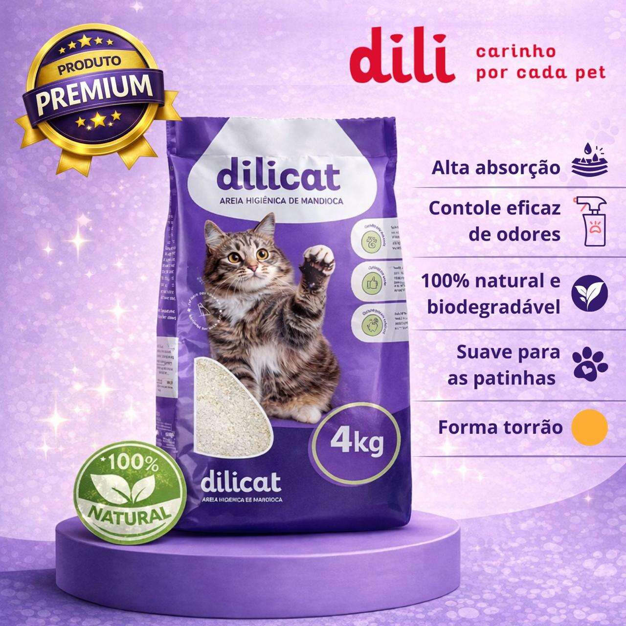Areia Higiênica de Mandioca Dilicat Biodegradável Grãos Finos para Gatos - 4Kg