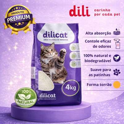 Areia Higiênica de Mandioca Dilicat Biodegradável Grãos Finos para Gatos