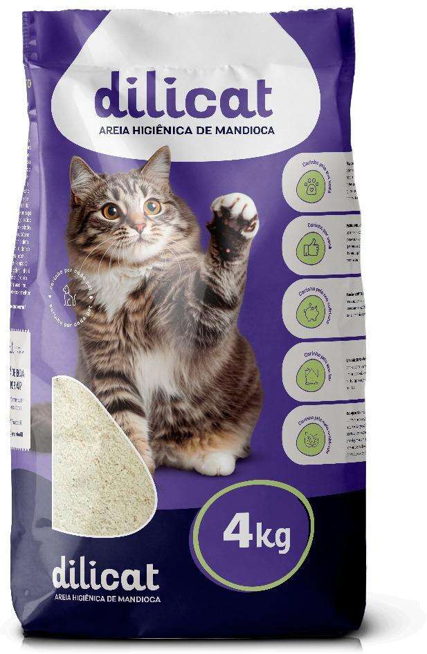 Areia Higiênica de Mandioca Dilicat Biodegradável Grãos Finos para Gatos - 4Kg